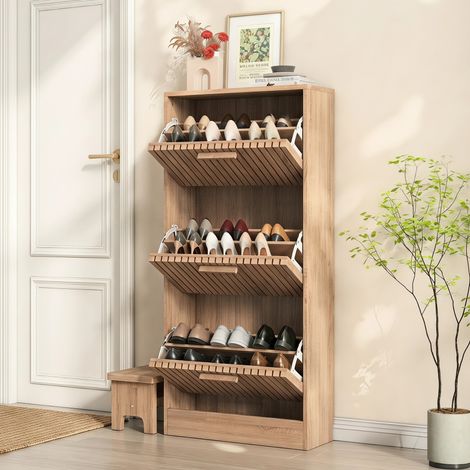 Meuble à chaussures 24 paires, 3 portes abattantes, meuble d'entrée, bois effet chêne, style scandinave, 60x24x113 cm - Marron