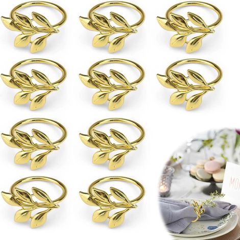 Ein Set aus 10 goldenen Serviettenringen – blattförmigen Serviettenringen aus Metall – luxuriösen Serviettenringen in Blattform aus Metall (1/5)