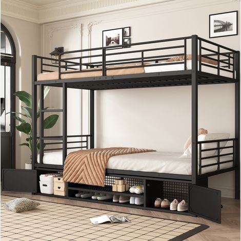 lit superposé enfant rangement 90x200 métal noir OKMYHOME (1/5)