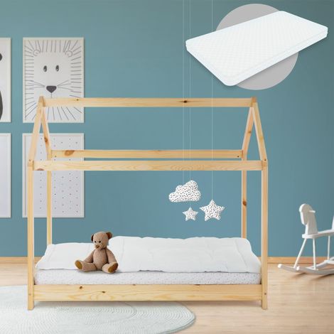 ML-Design Cama Infantil Casa Natural 70x140 cm de Madera de Pino + Colchón de Espuma Fría 10cm, Techo y Somier de Listones, Cuna de Suelo Maciza Casita de Juego Juvenil Mobiliario para Niño y Bebé (1/5)