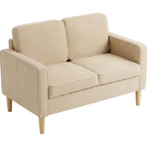 Canapé 2 places avec 2 coussins décoratifs, espace de rangement, pieds en bois massif, petit canapé moderne, velours côtelé, 117 x 63 x 79 cm, beige (1/5)