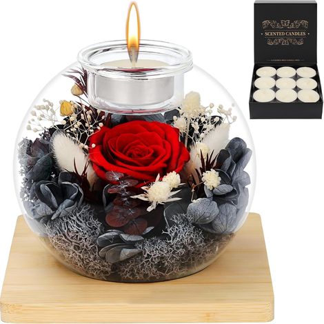 Rose Éternelle en Verre, Coffret Cadeau de Rose Préservée et Bougies Parfumées, Cadeau d'anniversaire Fête des Mères Saint-Valentin Noël pour Maman, Petite Amie, épouse, Femme (Rouge) (1/5)