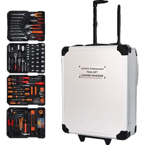 Juego de herramientas manuales de 186 piezas, diseño multicapa, mecanismo de bloqueo seguro, caja de herramientas portátil con ruedas, aluminio y plástico duraderos. (1/5)