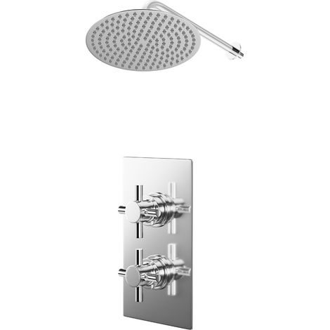 Cross Polished Chrome Concealed Twin Thermostatic Shower Valve and 300mm Thin Round Fixed Head with Wall Arm - 1 Outlet (1/5)