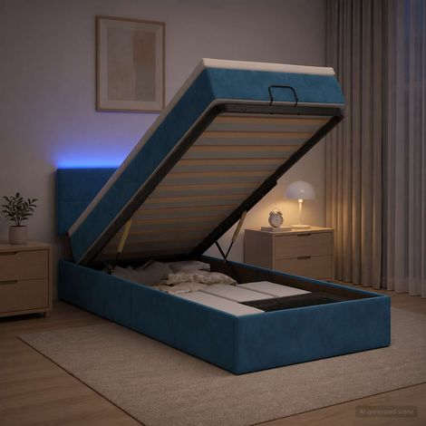 Lit coffre avec matelas et LED Bleu foncé 90 x 200 cm Velours (1/5)