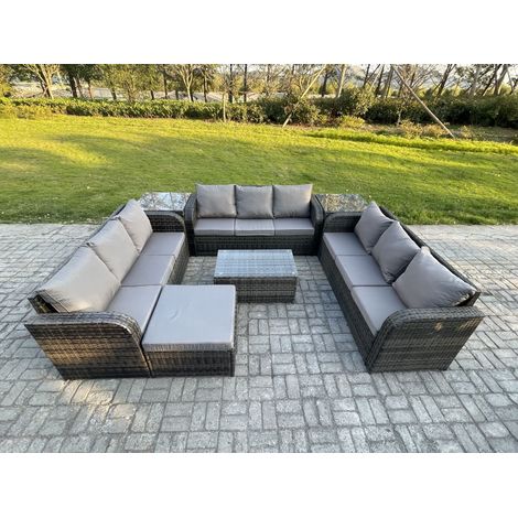 Fimous Ensemble de canapés en rotin 10 places salon de jardin avec Table basse rectangulaire Canapé 3 places 2 Tables d'appoint Grand tabouret Gris foncé mixte (1/5)