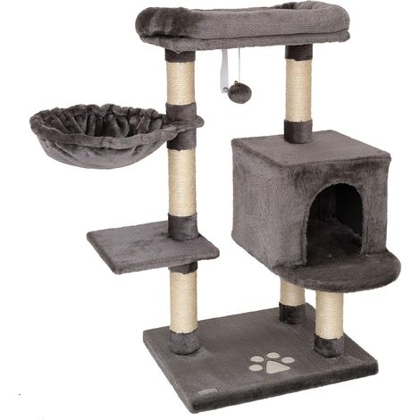 Arbre à Chat avec Balle en Peluche avec grelot et Fixation Murale, Hauteur 93 cm, Arbre avec sisal et Peluche, Surface de Repos et niches Confortables, pour Petits et Grands Chats, Gris foncé (1/5)