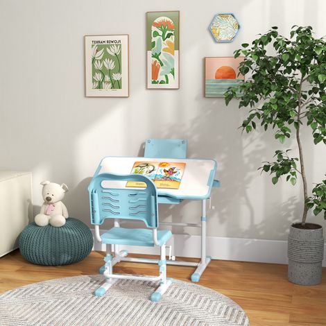 Pupitre Infantil Ajustable con 1 Cajón 1 Estante para Libros y Ángulo de Mesa Ajustable 80x49,5x82-104 cm Azul y Blanco (1/5)
