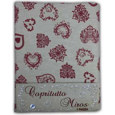 TELO ARREDO Copritutto GRAN FOULARD Copriletto COPRIDIVANO Tessuto MIROS CUORE ROSSO 2 PIAZZE