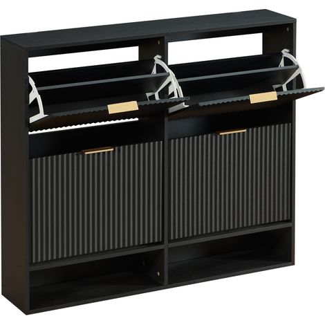 Schmale Schuhkommode 120 x 24 cm aus schwarzem MDF mit geriffelter Front und Kippschutz MODENUIT (1/5)