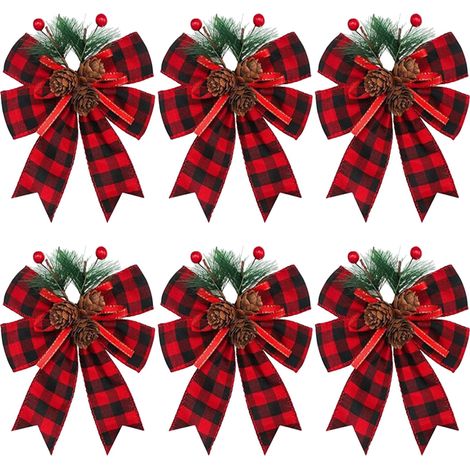 Ribbon Bow - Velvet Hem With Pinecones And Pine Needles - Christmas Tree Decoration Indoor Outdoor - 6 Pieces (1/5)