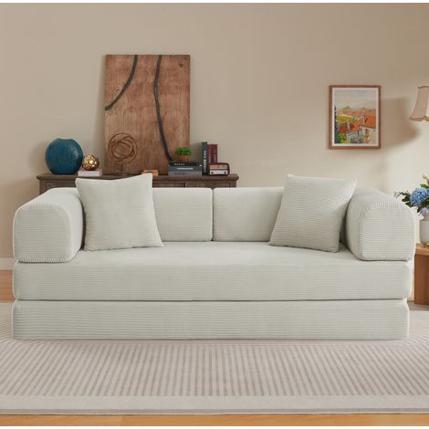 Beiges Klappsofa aus Schaumstoff 204 x 97 x 65 cm mit 2 Kissen und Stahlgestell HAVRYA (1/5)