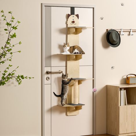 FIANAO – Arbre à chat 4 étages à fixer sur porte – griffoir, balle à chat, bois massif – 42 × 23 × 170 cm (1/5)