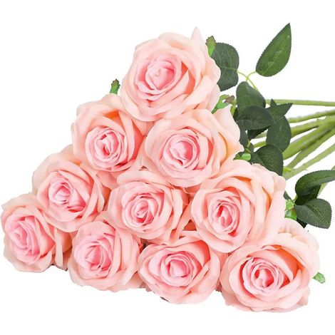 Lot de 10 roses artificielles rouges en flanelle, fleurs artificielles réalistes pour décoration de mariage, maison et jardin, rose clair (1/5)
