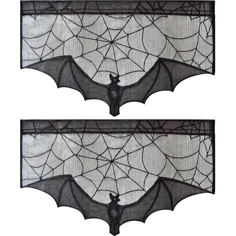 Ensemble de 2 rideaux de chauve-souris en dentelle d'Halloween, rideaux en toile d'araignée noire 2 rideaux chauve-souris en dentelle noire, parfaits pour les fenêtres, portes, cheminées et murs d'Ha (1/5)