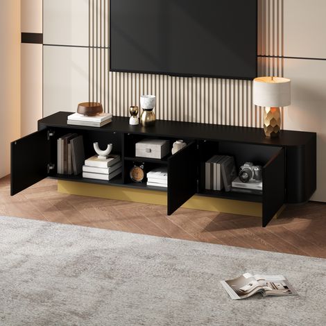 DESMIU Meuble TV 170 cm avec 3 portes et étagère réglable, gestion des câbles, pour salon, en MDF et panneaux de particules, noir (1/5)