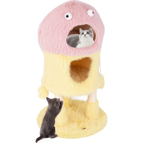 Albero per gatti con piuma morbida e lunga palo per graffio in sisal, Adorabile torre di gatti a tema mostro Rosa (1/5)