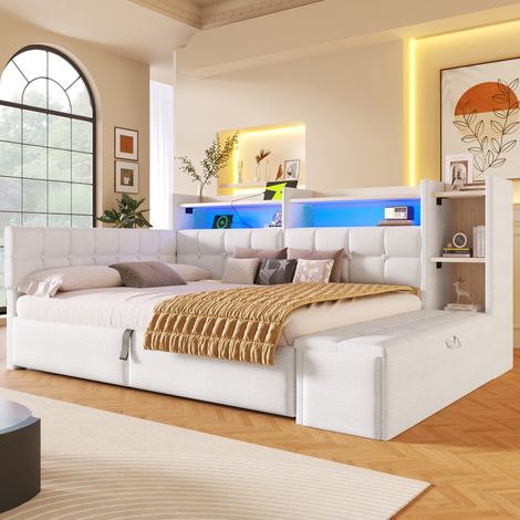 Lit double coffre 140x200 cm, LED, USB Type-C, rangement hydraulique, banquette pied de lit, velours blanc, sans matelas (1/5)