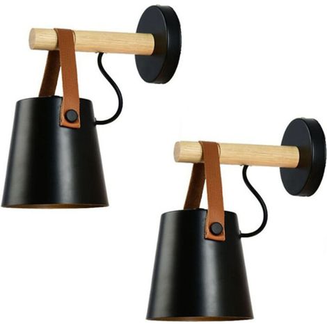 Set of 2 Vintage Minimalist Indoor Wall Sconces, Modern E27 Wall Lamps, Metal Lampshades with Wooden Bases for Bedroom, Office, Hallway (Black) (1/3)