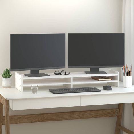 Support de moniteur blanc en pin massif avec rangement 100 x 27 x 15 cm, 4.83kg - PANGIVO (1/5)