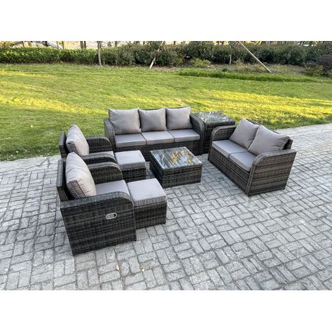 Fimous 9 places Ensemble de meubles de jardin Rattan Outdoor Canapé Lounge Fauteuil avec Table basse carrée Table d'appoint 2 Petits tabourets Gris foncé mixte (1/5)