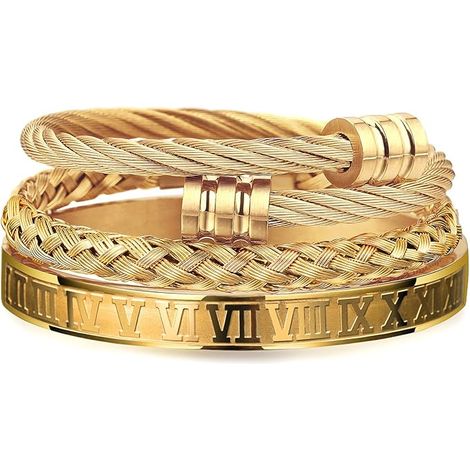 Lot de 3 bracelets en acier inoxydable pour homme, ornés de chiffres romains, style jonc torsadé, ajustables, bijoux de luxe.