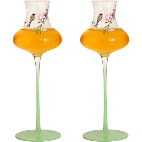 Lot de 2 flûtes à champagne style chinois en cristal, verres à dégustation cocktail 130 ml motif chant d'oiseau floral (1/4)