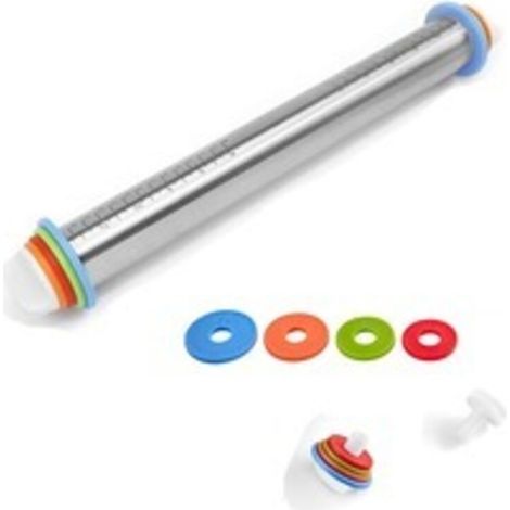 Stainless Steel Rolling Pin, 43.2cm Non-Stick Rolling Pin with Adjustable Rings (2-8 mm) Non-Stick Silicone Mat with Scraper and Brush for Pizza, Pasta, and Cookies (1/5)