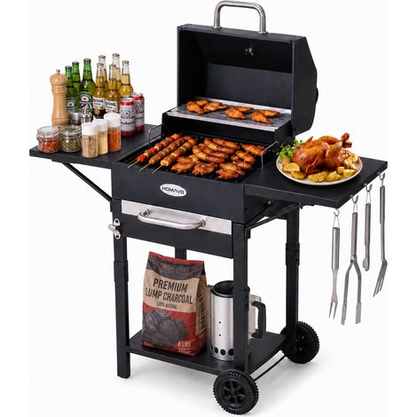 HOMAVO Barbecue Charbon de Bois, Surface de Cuisson: 45×32 cm, Grille Principale Émaillée, Tablette Latérale