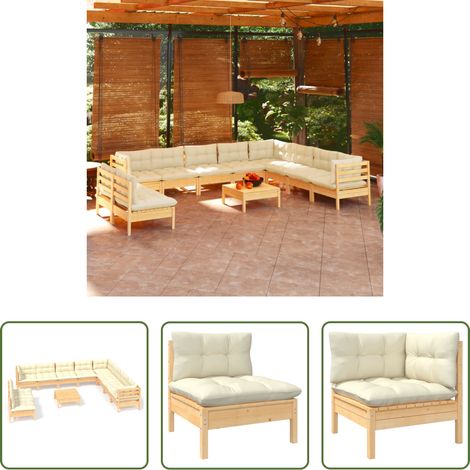 Terrassensofa - 11-tlg. Garten-Lounge-Set mit Creme Kissen Massivholz Kiefer (1/5)