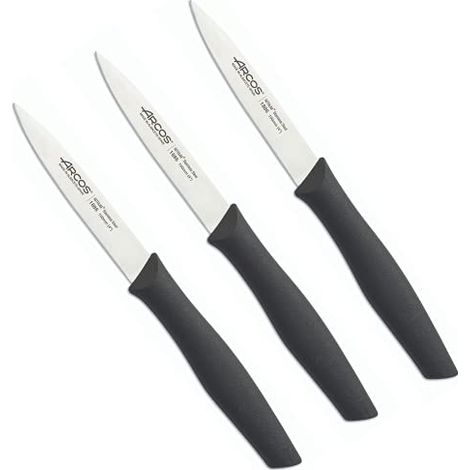Arcos Set 3 Coltelli Spelucchino Coltelli Coltello Sbucciare Coltelli per pelare patate Acciaio Inossidabile NITRUM Lama di 100 mm Imballaggio ecologico Colore nero (1/4)