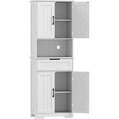 Credenza Cucina 60x30x172 cm con 2 Armadietti Cassetto e Piano Centrale con Passacavi in MDF Bianco