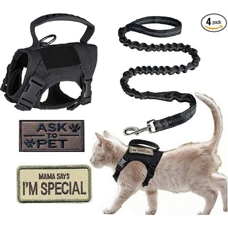 Tactical Harness for Cats, Adjustable Pet Walking Harness with Embroidered Emblems, Breathable Anti Escape Reflective Traction Rope for Cats (Black) (1/5)