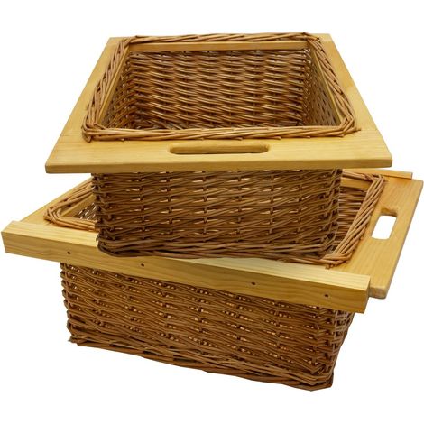Kukoo – Lot de 2 paniers de rangement coulissants en osier – 500 mm brun – Capacité 10 kg – Fixations incluses – Pour cuisine, salle de bain, penderie