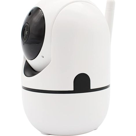 Caméra de surveillance domestique avec connexion Wi-Fi, télécommande, rotation, détection de mouvement et interphone audio.