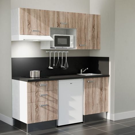 Kitchenette K20L-PT - 180 cm - plan stratifié, évier inox, - Façade Bois - Plan Noir texturé - Evier Inox - Crédences Oui + Electroménager inclus coloris Blanc (1/5)