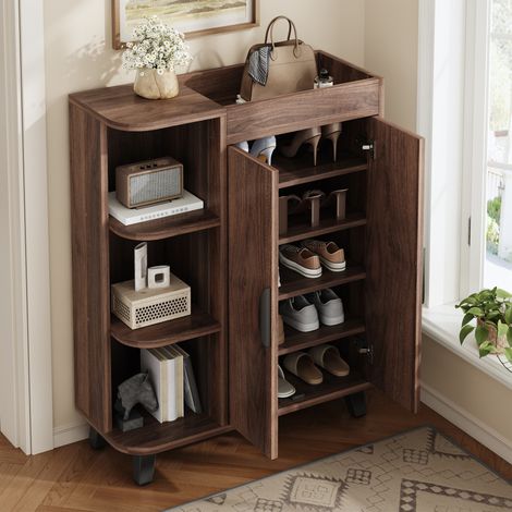 Meuble à chaussures 80x32x99 cm en panneaux de bois noyer, gain de place pour entrée FloraGrace (1/5)