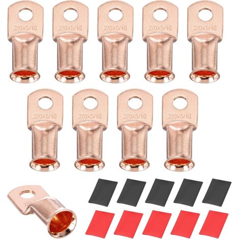 10pcs 2/0 AWG M8 Battery Lugs Ring Terminals, 5/16" 8mm Stud Crimp Wire Terminal Connector End Copper, 3:1 Heat Shrink Tubing, Gold (1/5)