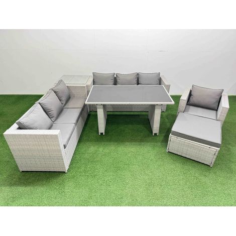 Fimous Patio Garden Furniture Sets with Black Glass Top Dining Table 3 Seater Sofa Armchair Side Table Big Stool Light Grey (1/5)