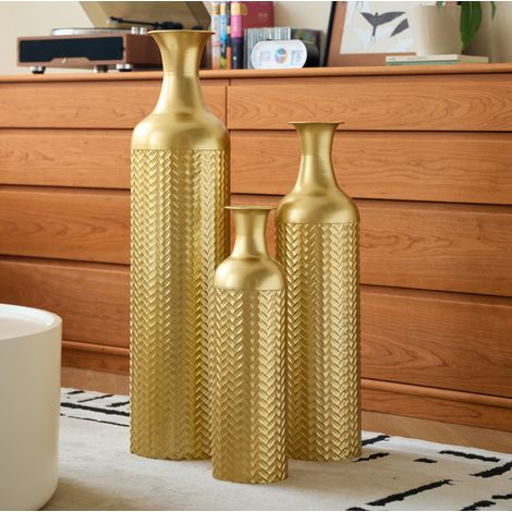 Jarrones decorativos de suelo de metal dorado, lote de 3, 50 a 83 cm, motivo texturizado HAVRYA (1/5)