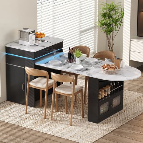 Îlot de cuisine avec table extensible 80-194x55x95.5 cm - Desserte à roulettes avec multiprise usb et led meuble rangement moderne mdf verre - Noir (1/5)