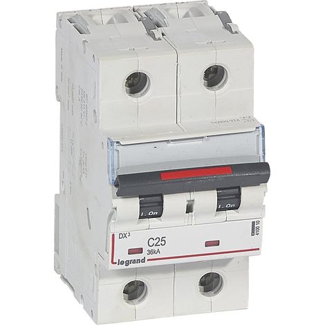 Disjoncteur DX³ 36kA arrivée haute et départ bas à vis 2 Pôles de 230V à 400V 25A courbe C 3 modules LEGRAND 410010 (1/2)