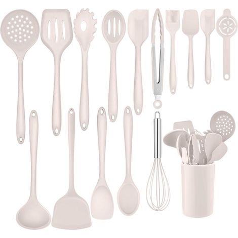 Set d'ustensiles de cuisine 16 pièces Khaki Silicone résistant à la chaleur avec support