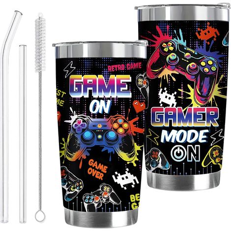 Tasse à café sur le thème du jeu de 20 onces, gobelet isotherme en acier inoxydable avec paille, brosse à paille et couvercle, gourde réutilisable pour enfants pour la maison et les voyages (1/5)