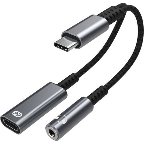 L'adattatore D8 da USB-C a jack per cuffie da 3,5 mm e caricabatterie 2 in 1 da 60 W offre ricarica rapida e una porta da USB Type-C a ausiliaria. (1/3)