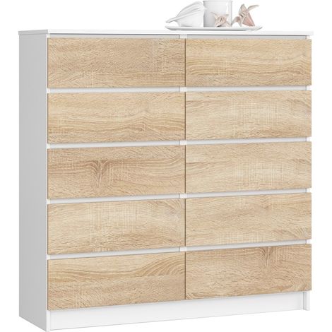 Kommode AKORD K120 Weiß 120 cm 10 Schubladen Front Sonoma-Eiche B120 x H121 x T40 cm (1/5)