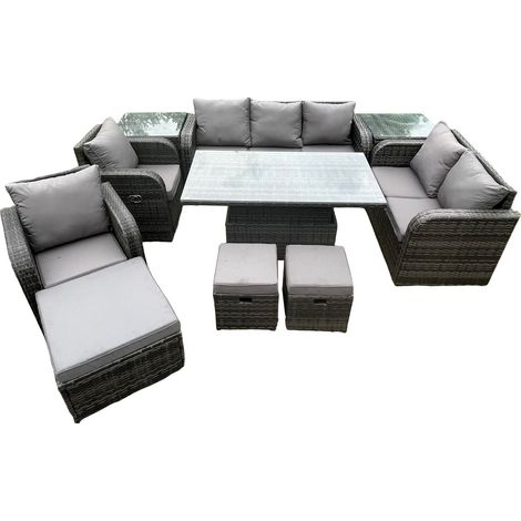 Fimous Wicker PE Rattan Outdoor Gartenmöbel Sets Höhenverstellbarer aufsteigender Esstisch Liegestuhl Sofa Set mit 2 Beistelltischen 3 Fußhocker Dunkelgrau gemischt (1/5)