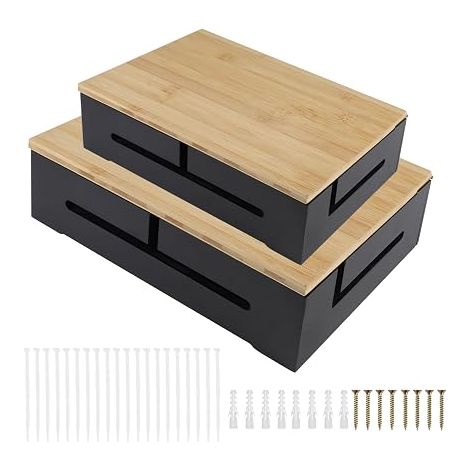 DBREAKS 2 Piece Bamboo Cable Management Box 32 x 22 x 11 cm, Black (1/5)