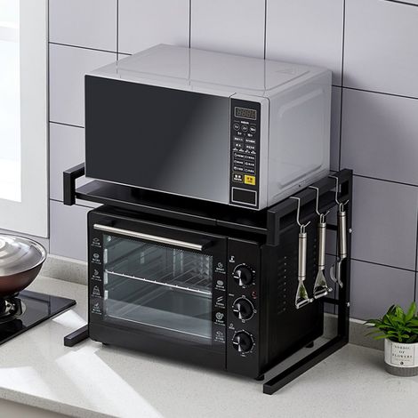 Organisateur de cuisine Extensible Étagère de Four à Micro-Ondes à 2 étages avec 3 Crochets de Suspension Noir (1/5)
