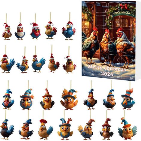 Adventskalender mit 24 Überraschungsfächern – Acryl-Anhänger in Form eines Hahns für den Weihnachtsbaum (1/5)